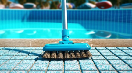 A close-up shot of professional pool cleaning tool, pool brush, neatly arranged by the side of the pool, emphasizing the importance of pool maintenance and cleanliness.