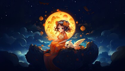 Fototapeta premium Generative AI illustration of Mid Autumn Festival, a lovely fairy, dressed in ancient Chinese clothes, and a rabbit playing beside the girl, moon cakes, auspicious clouds, behind a huge moon, fantasy