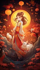 Generative AI illustration of Mid Autumn Festival, a lovely fairy, dressed in ancient Chinese clothes, and a rabbit playing beside the girl, moon cakes, auspicious clouds, behind a huge moon, fantasy