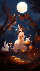 Generative AI illustration of Mid Autumn Festival, a lovely fairy, dressed in ancient Chinese clothes, and a rabbit playing beside the girl, moon cakes, auspicious clouds, behind a huge moon, fantasy