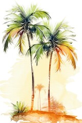 Fototapeta na wymiar Palm trees on the beach. Hand-drawn watercolor illustration. Greeting card.