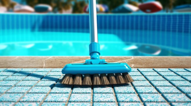 A Close-up Shot Of Professional Pool Cleaning Tool, Pool Brush, Neatly Arranged By The Side Of The Pool, Emphasizing The Importance Of Pool Maintenance And Cleanliness.