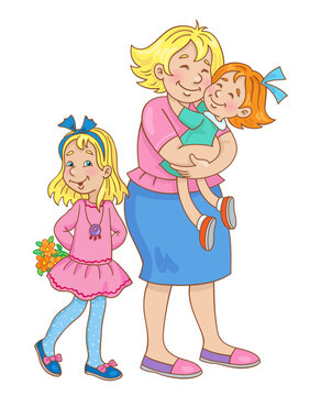 Happy mother's day! Cute mother with two daughters of different ages. In cartoon style. Isolated on white background. Vector illustration