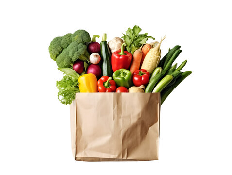 Supermarket. Paper bag full of healthy food. Generative AI - PNG File