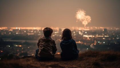 Two boys sitting by fire, enjoying nature generated by AI