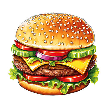 Delicious Cartoon Hamburger Illustration. Fast Food Clipart. Generative AI