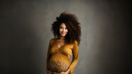 Portrait of a beautiful pregnant african american woman with curly hair. Generative AI.