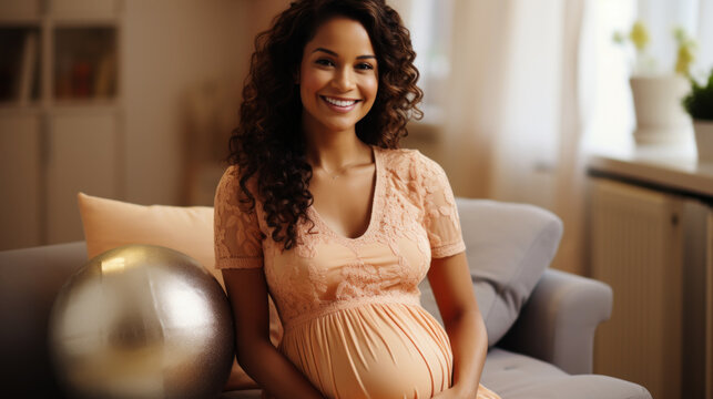 Happy pregnant african american woman with ball at home in living room. Generative AI.