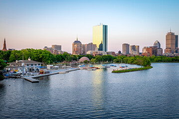 Fototapeta na wymiar Boston in Massachusetts, USA at sunrise showcasing the Backbay neighborhood with its skyscrapers and historic buildings.
