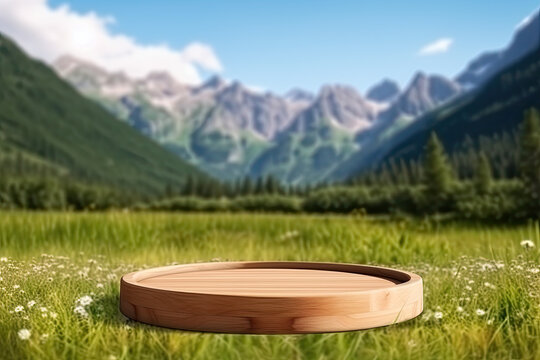 Wooden podium with leaves. Round stage for product presentation with green leaves. Cosmetics product advertising stand