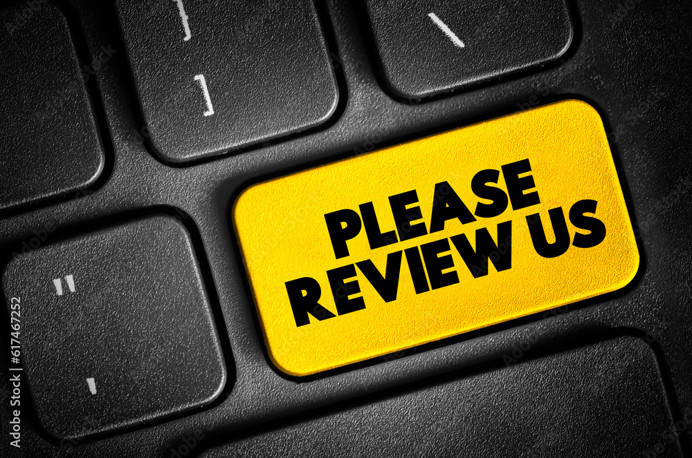 Aufkleber please review us text button on keyboard, concept background