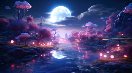 illustration of a night fantasy landscape with river, trees and mountains.  Generative AI.