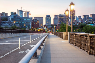 Boston in Massachusetts, USA at Backbay with historic and contemporary buildings at sunrise.