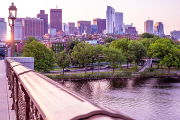 Boston in Massachusetts, USA at sunrise showcasing the Backbay neighborhood with its skyscrapers...