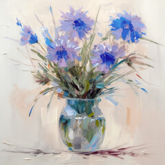 Illustration of  watercolor drawing, blue flowers in a transparent vase on the windowsill. Generative AI.