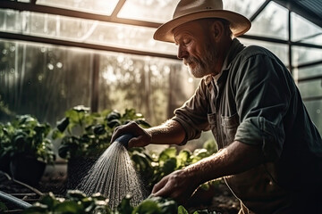Man gardener working in a greenhouse - obrazy, fototapety, plakaty