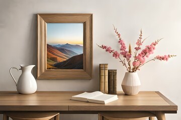  interior designs with table, lamp, frame and books with vase of flowers Generative Ai