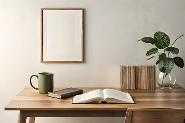  interior designs with table, lamp, frame and books with vase of flowers Generative Ai