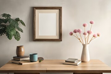Obraz na płótnie Canvas interior designs with table, lamp, frame and books with vase of flowers Generative Ai