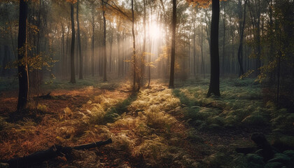 Obraz premium Vibrant autumn colors paint tranquil forest scene generated by AI