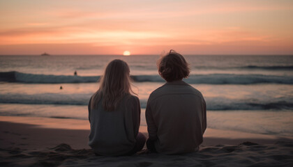 Caucasian couple embracing, watching the sunset together generated by AI