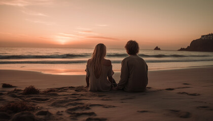 Fototapeta premium Young couple embraces in nature at sunset generated by AI