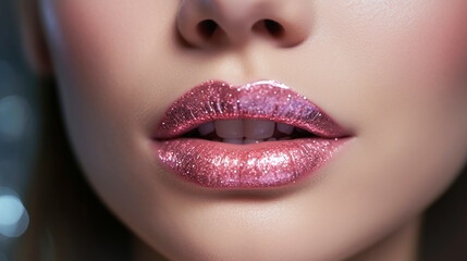 Obraz premium Beautiful full lips with glossy makeup, barbicor style makeup. Pink glitter lipstick. Close-up of sexy natural lips
