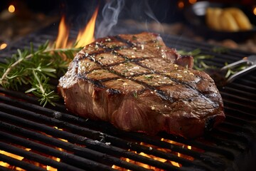A delicious, juicy steak is grilled over an open fire to perfection. Seasoning and garnish. Flames coming up from below. Generative AI.