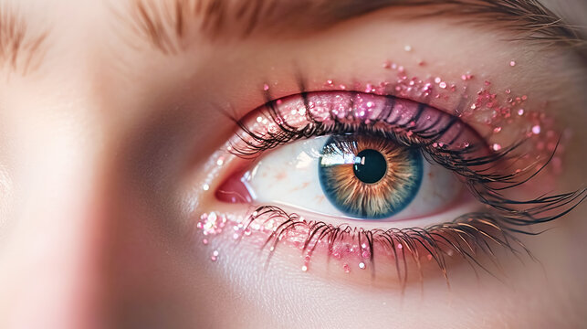 Beautiful blue eye with trendy pink glitter makeup, barbicor style. Part of a woman's face close-up. Perfect makeup
