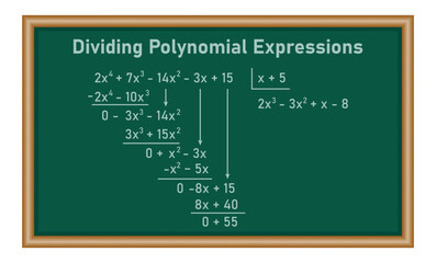 Dividing polynomial expressions in mathematics. Long division of polynomials. Math resources for teachers. Division, quotient, dividend and remainder.