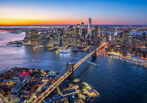 Fototapeta Aerial view of the Manhattan Skyline at sunset, New York City, USA