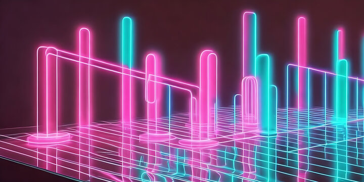 3d render, abstract minimal neon background, pink blue neon lines going up. Cyber space.