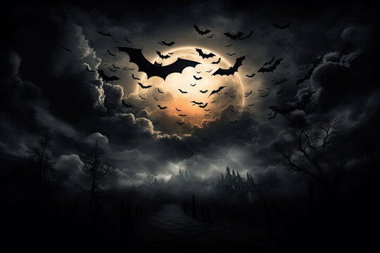 scary night sky with full moon,clouds and bats. background halloween