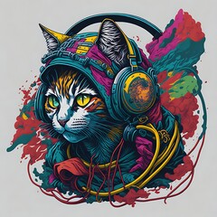 cat, time bomb, centered, isometric, vector t-shirt art ready to print highly detailed colorful graffiti illustration of one cat , wearing headphones ,white Background