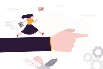 Mentorship concept banner. Woman student runs on giant hand. Business coach points out the right direction for business development, businesswoman to profit and success.