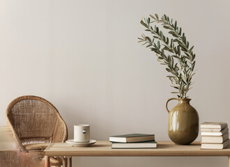 Modern organic shaped vase with dry flowers grass reed on old books Cup of coffee tea house