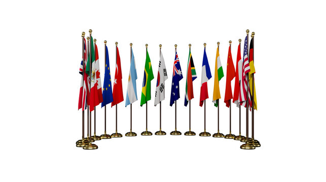 Flags G20 membership , Concept of the G20 summit or meeting, G20 countries summit India, Group of Twenty members, on white background. 3d illustration and 3d work