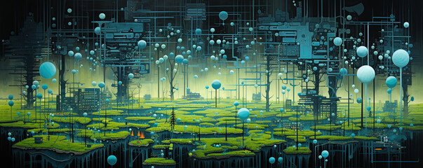 illustration of a green and blue futuristic city,generative ai