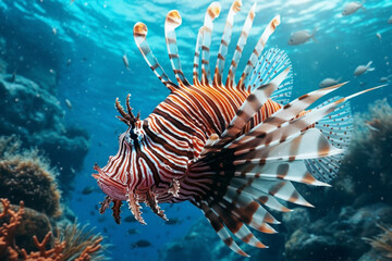 Naklejka na ściany i meble Lionfish swimming in the deep blue waters of the Red Sea.