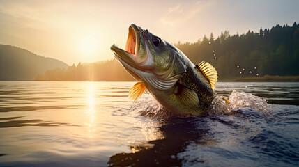 black bass (Micropterus salmoides) jumping from the water in a high mountain lake - obrazy, fototapety, plakaty