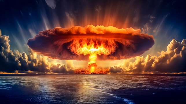 mushroom of fire after the explosion of a nuclear bomb in the ocean, made with Generative AI