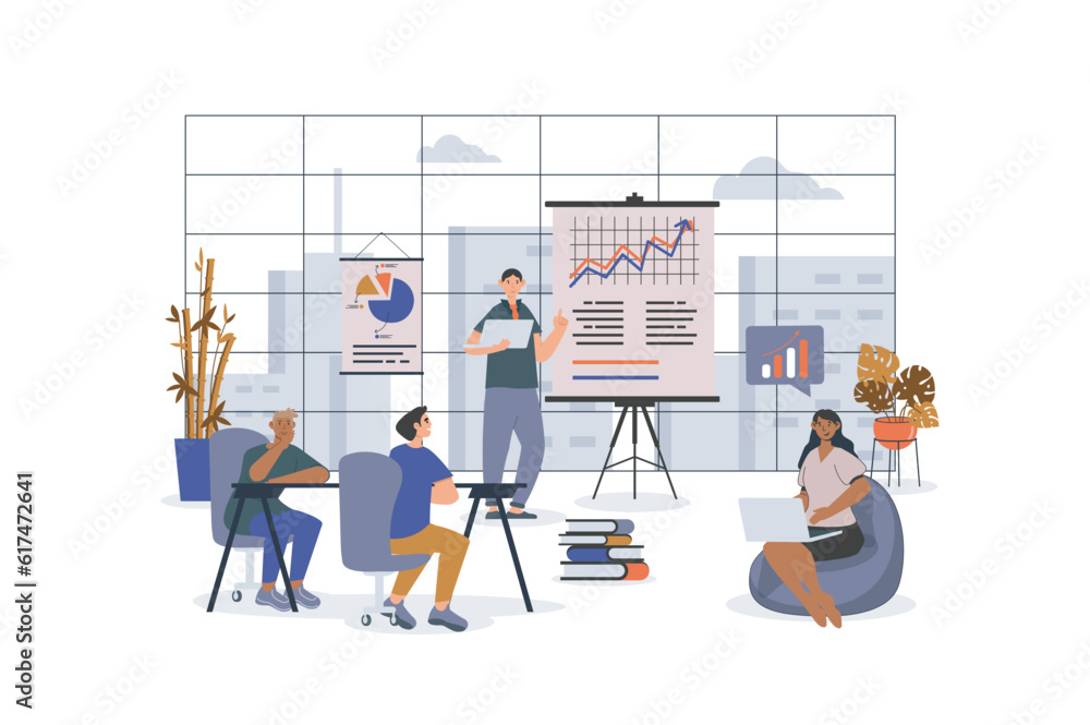 Aufkleber business meeting concept with character scene for web. women and men working in team at office, disc