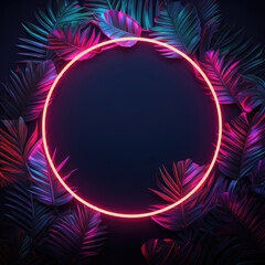Empty scene background, abstract background with multicolored and neon lights. Silhouettes of tropical leaves