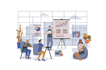 Business meeting concept with character scene for web. Women and men working in team at office, discussing presentation. People situation in flat design. Vector illustration for marketing material.