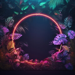 Tropic neon jungle night background. Hawaiian party. Dark tropical exotic background with Leaf palms and light neon circle. - 617472804