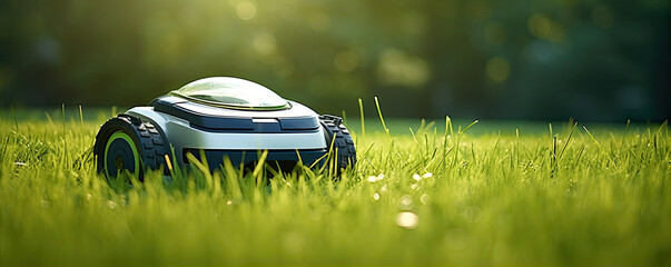 Robot lawn mower on green grass, generative ai - obrazy, fototapety, plakaty