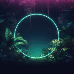 Neon jungle abstract background with jungle plants, palm leaf and neon circle light frame. Color summer night. Circular frame with tropical palm tree for poster, invitation, flyer