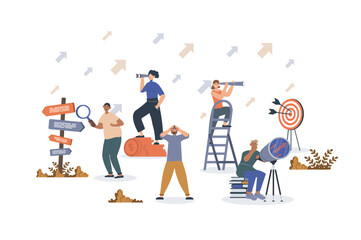 Search for opportunities concept with character scene for web. Women and men with binoculars or spyglasse looking targets. People situation in flat design. Vector illustration for marketing material.