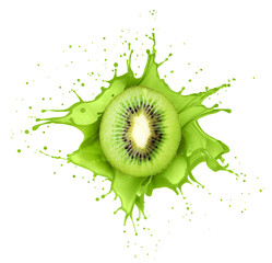 Half of a kiwi fruit with a splashes of juice isolated on a white background