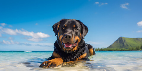 Rottweiler Dog at the beach in the water - Close Picture - Island